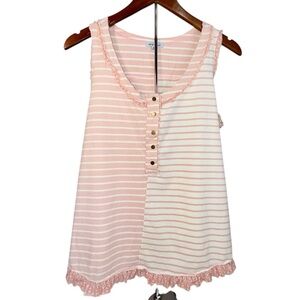 White Birch Pink & Cream Striped Tank Top Ruffle Side Split Hem Size Medium